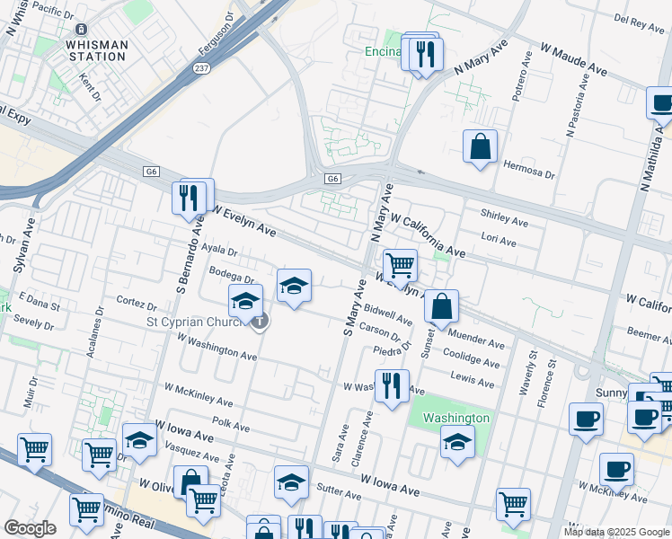 map of restaurants, bars, coffee shops, grocery stores, and more near 1026 West Evelyn Avenue in Sunnyvale