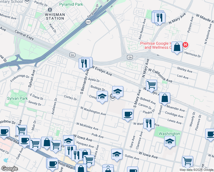 map of restaurants, bars, coffee shops, grocery stores, and more near 1118 Ayala Drive in Sunnyvale