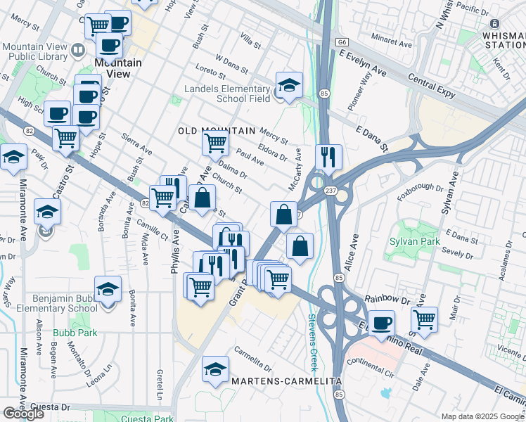 map of restaurants, bars, coffee shops, grocery stores, and more near 610 El Ranchito Way in Mountain View