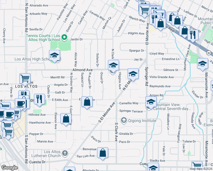 map of restaurants, bars, coffee shops, grocery stores, and more near 550 Almond Avenue in Los Altos