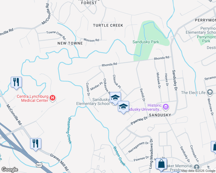 map of restaurants, bars, coffee shops, grocery stores, and more near 736 Chikasaw Road in Lynchburg