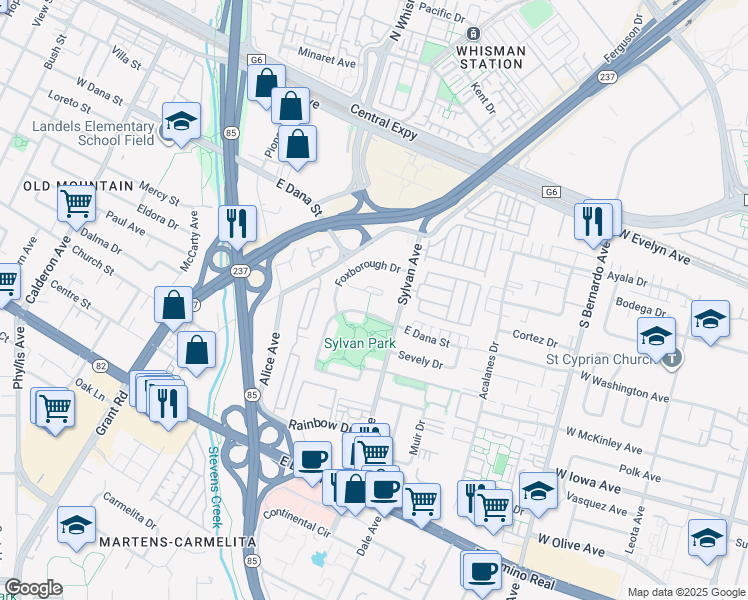 map of restaurants, bars, coffee shops, grocery stores, and more near 415 Hedgerow Court in Mountain View
