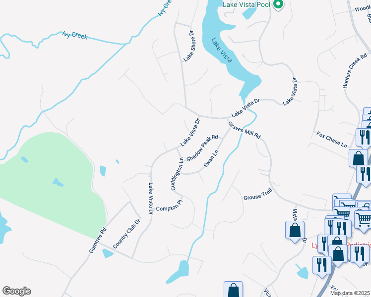map of restaurants, bars, coffee shops, grocery stores, and more near 712 Lake Vista Drive in Forest