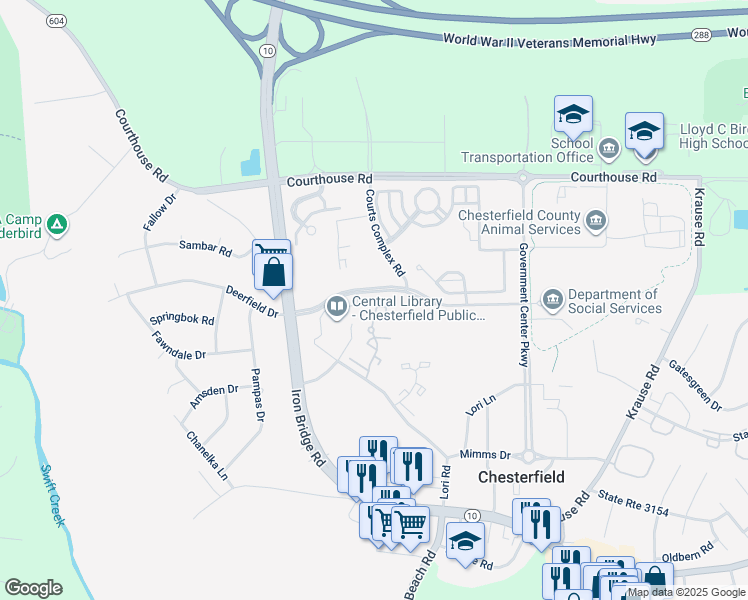 map of restaurants, bars, coffee shops, grocery stores, and more near 7020 Pine Orchard Court in Chesterfield