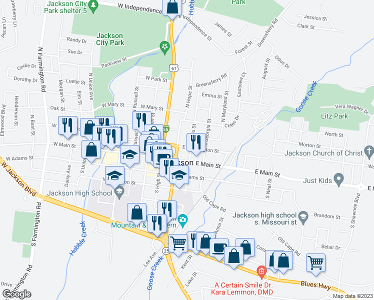 map of restaurants, bars, coffee shops, grocery stores, and more near 219 East Washington Street in Jackson