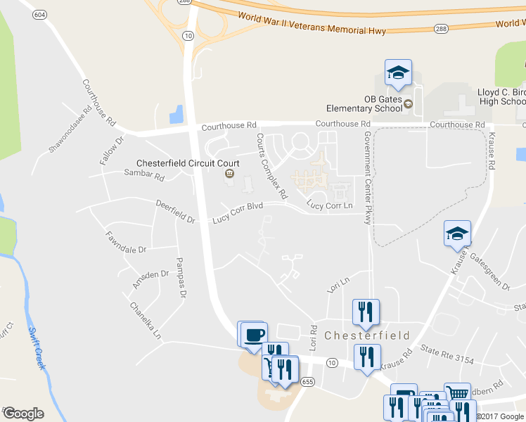 map of restaurants, bars, coffee shops, grocery stores, and more near 7020 Pine Orchard Court in Chesterfield