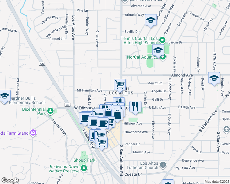 map of restaurants, bars, coffee shops, grocery stores, and more near 36 Mount Hamilton Avenue in Los Altos