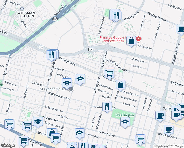 map of restaurants, bars, coffee shops, grocery stores, and more near 1026 West Evelyn Avenue in Sunnyvale