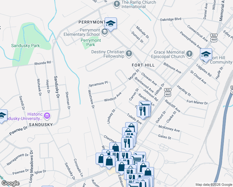 map of restaurants, bars, coffee shops, grocery stores, and more near 4817 Windsor Avenue in Lynchburg