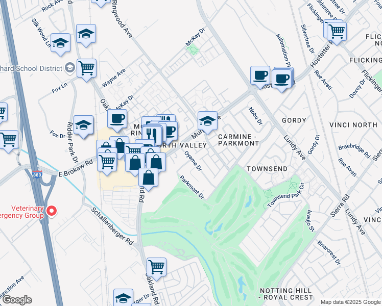 map of restaurants, bars, coffee shops, grocery stores, and more near 1565 Oyama Drive in San Jose