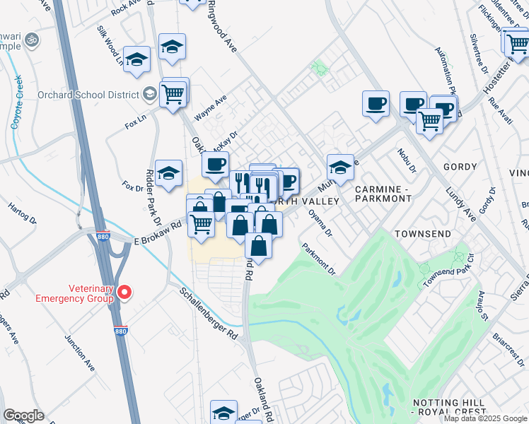 map of restaurants, bars, coffee shops, grocery stores, and more near 1704 Oakland Road in San Jose
