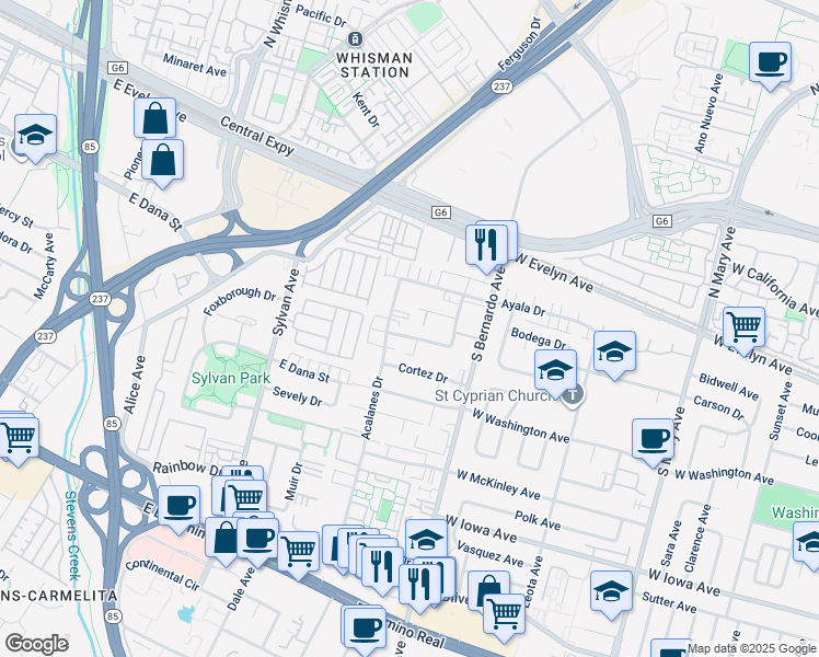 map of restaurants, bars, coffee shops, grocery stores, and more near 1271 Coronado Drive in Sunnyvale