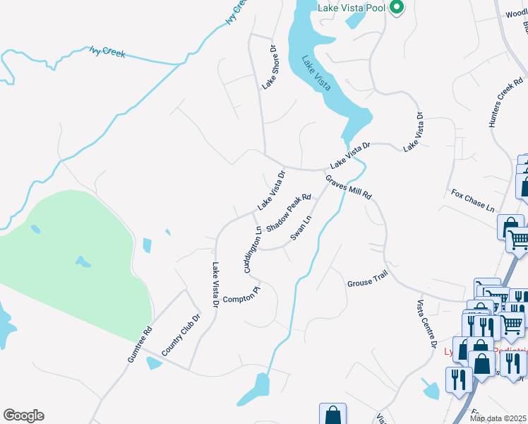 map of restaurants, bars, coffee shops, grocery stores, and more near 712 Lake Vista Drive in Forest