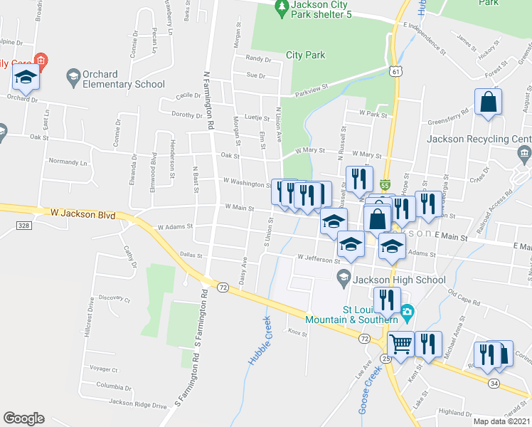 map of restaurants, bars, coffee shops, grocery stores, and more near 605 West Main Street in Jackson