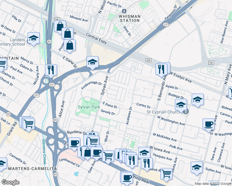 map of restaurants, bars, coffee shops, grocery stores, and more near 433 Sylvan Avenue in Mountain View