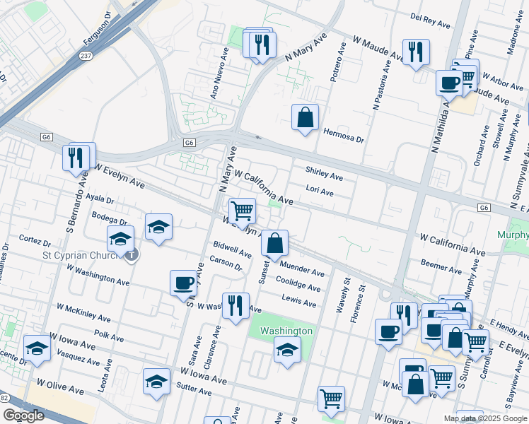 map of restaurants, bars, coffee shops, grocery stores, and more near 973 Asilomar Terrace in Sunnyvale