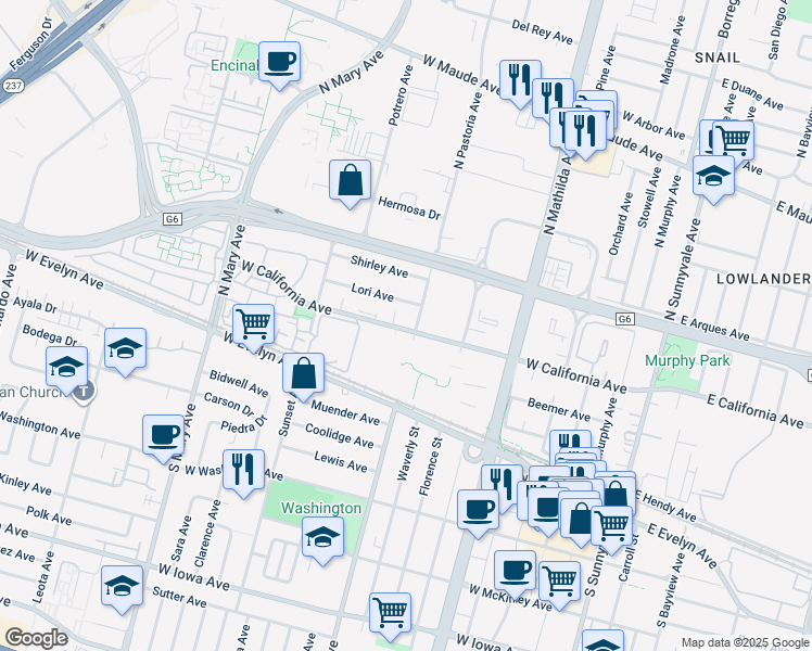 map of restaurants, bars, coffee shops, grocery stores, and more near 801 West California Avenue in Sunnyvale