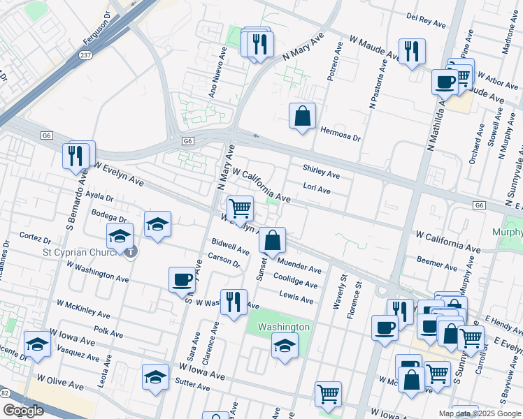 map of restaurants, bars, coffee shops, grocery stores, and more near 973 Asilomar Terrace in Sunnyvale