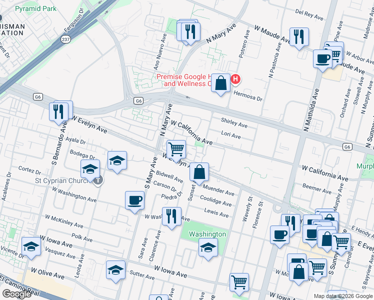 map of restaurants, bars, coffee shops, grocery stores, and more near 973 Asilomar Terrace in Sunnyvale