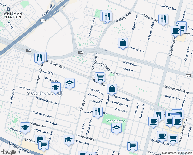 map of restaurants, bars, coffee shops, grocery stores, and more near 983 Asilomar Terrace in Sunnyvale