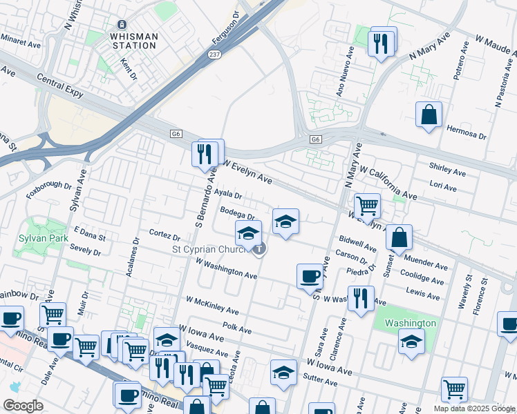 map of restaurants, bars, coffee shops, grocery stores, and more near 1151 Bodega Drive in Sunnyvale