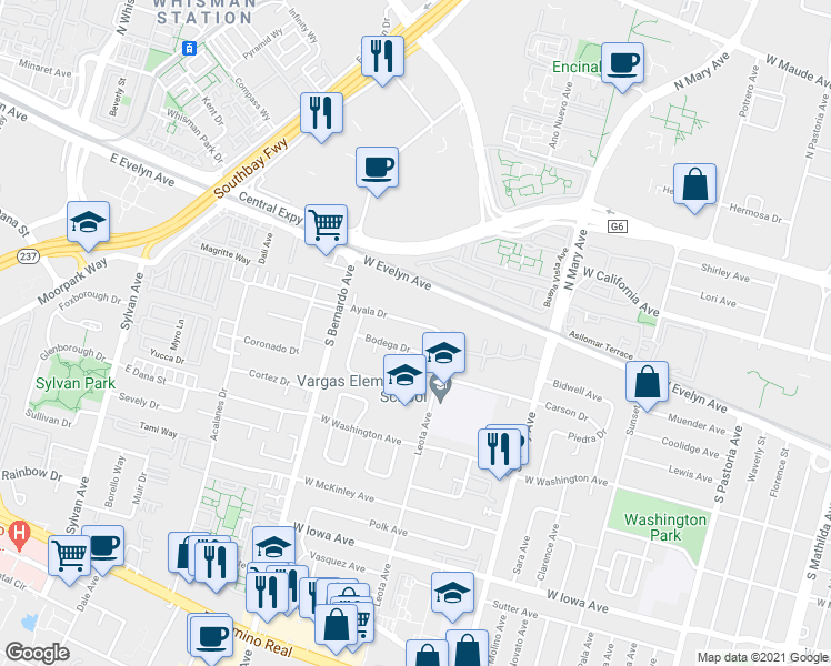 map of restaurants, bars, coffee shops, grocery stores, and more near 1151 Bodega Drive in Sunnyvale