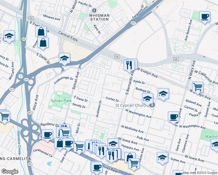 map of restaurants, bars, coffee shops, grocery stores, and more near 1271 Coronado Drive in Sunnyvale