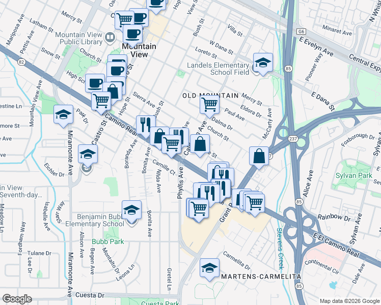 map of restaurants, bars, coffee shops, grocery stores, and more near 180 West El Camino Real in Mountain View