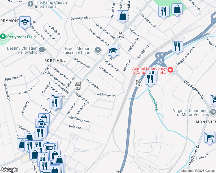 map of restaurants, bars, coffee shops, grocery stores, and more near 1349 Cherokee Avenue in Lynchburg