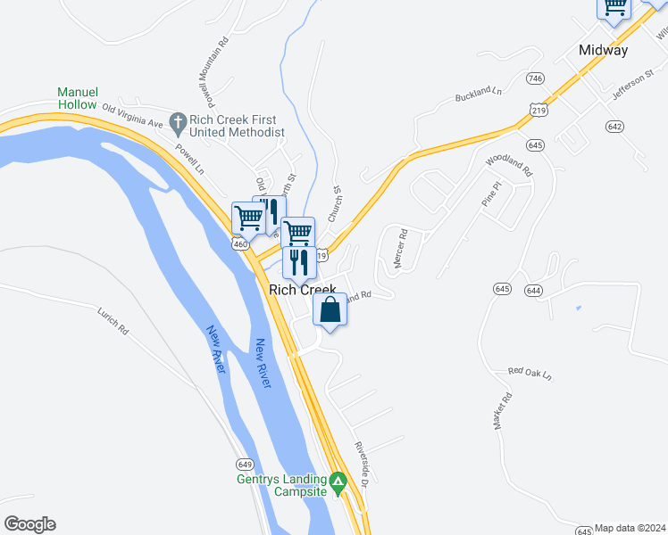 map of restaurants, bars, coffee shops, grocery stores, and more near 205 Giles Avenue in Rich Creek