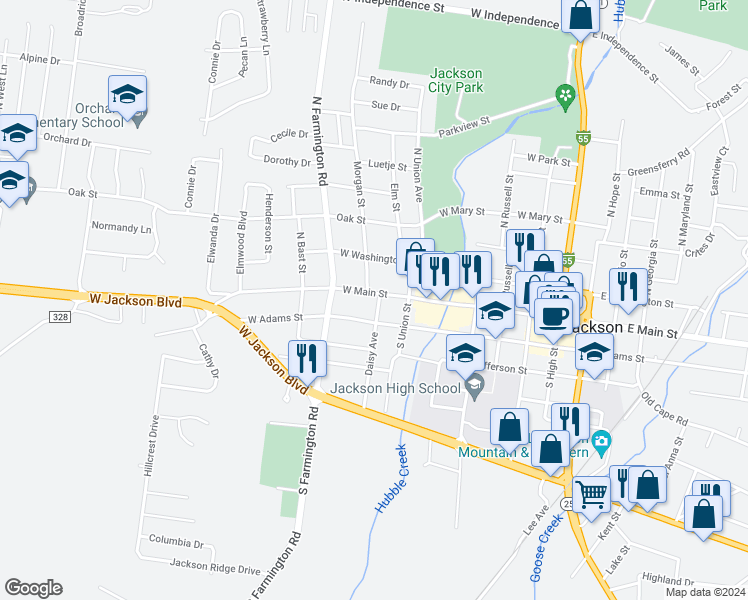 map of restaurants, bars, coffee shops, grocery stores, and more near 709 West Main Street in Jackson