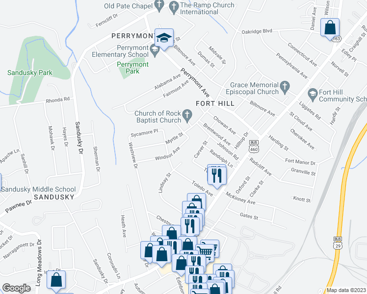map of restaurants, bars, coffee shops, grocery stores, and more near 4810 Windsor Avenue in Lynchburg