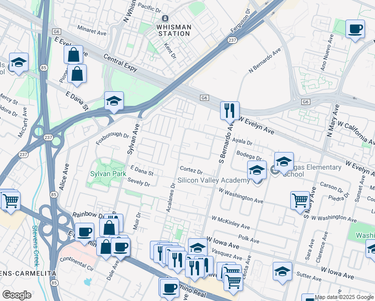 map of restaurants, bars, coffee shops, grocery stores, and more near 1271 Coronado Drive in Sunnyvale