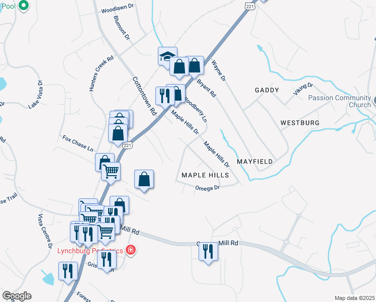 map of restaurants, bars, coffee shops, grocery stores, and more near 301 Woodberry Lane in Lynchburg