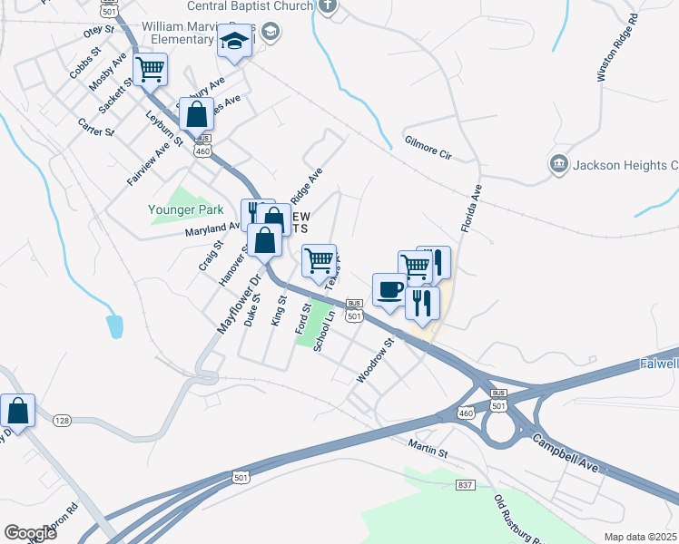 map of restaurants, bars, coffee shops, grocery stores, and more near 1756 Texas Avenue in Lynchburg