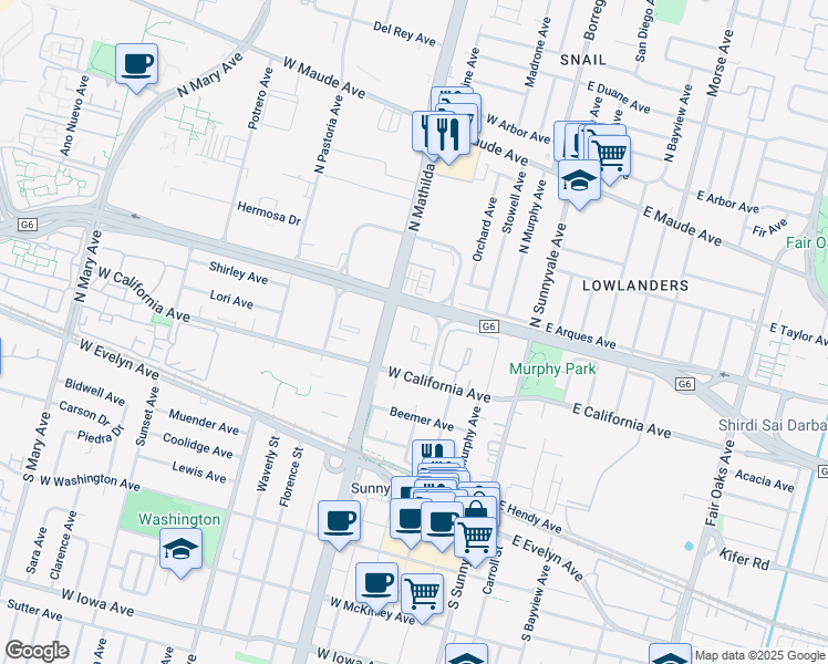 map of restaurants, bars, coffee shops, grocery stores, and more near 260 North Mathilda Avenue in Sunnyvale