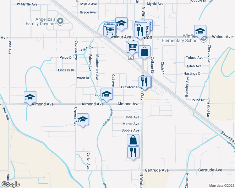 map of restaurants, bars, coffee shops, grocery stores, and more near 7190 Louise Avenue in Winton