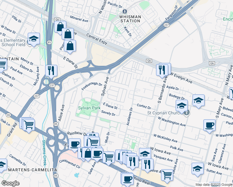 map of restaurants, bars, coffee shops, grocery stores, and more near 433 Sylvan Avenue in Mountain View