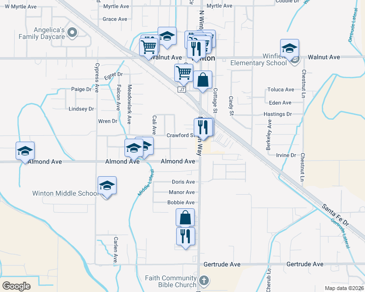 map of restaurants, bars, coffee shops, grocery stores, and more near 7090 Louise Avenue in Winton