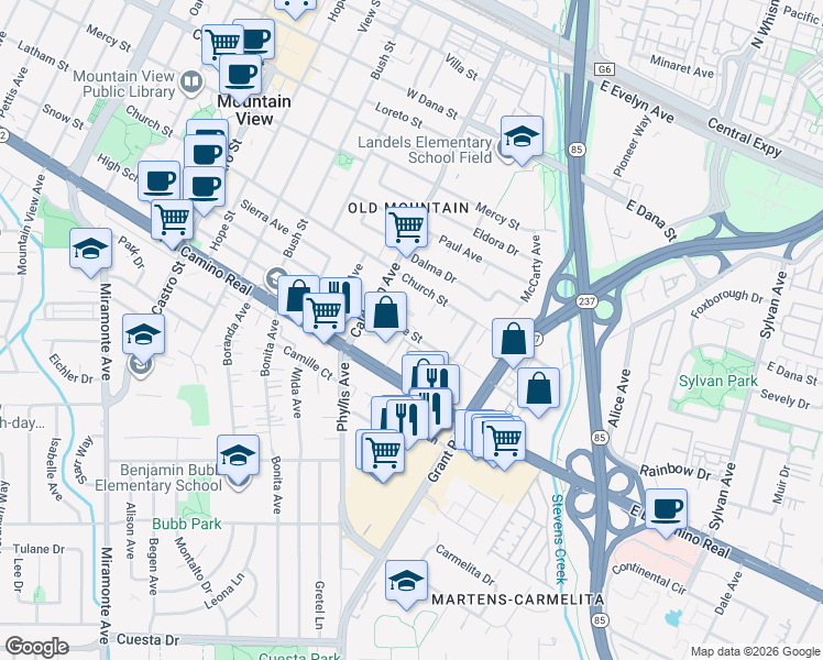 map of restaurants, bars, coffee shops, grocery stores, and more near 160 Centre Street in Mountain View