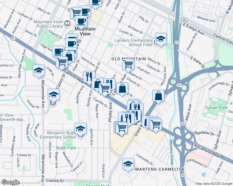 map of restaurants, bars, coffee shops, grocery stores, and more near 180 West El Camino Real in Mountain View