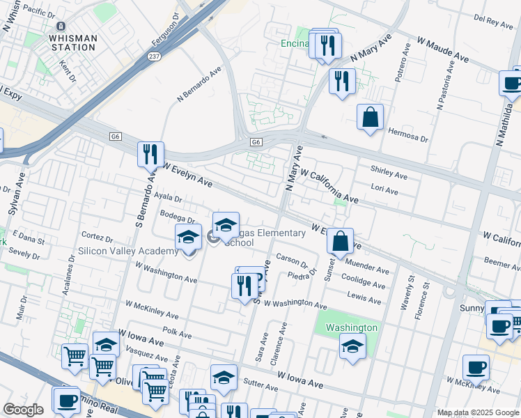 map of restaurants, bars, coffee shops, grocery stores, and more near 1026 West Evelyn Avenue in Sunnyvale