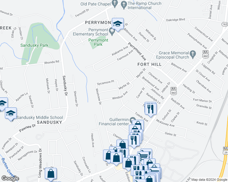 map of restaurants, bars, coffee shops, grocery stores, and more near 4906 Myrtle Street in Lynchburg