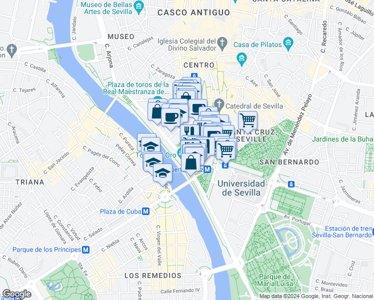 map of restaurants, bars, coffee shops, grocery stores, and more near 6 Calle Postigo del Carbón in Sevilla