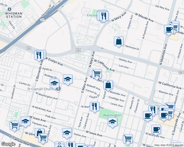 map of restaurants, bars, coffee shops, grocery stores, and more near 991 Asilomar Terrace in Sunnyvale