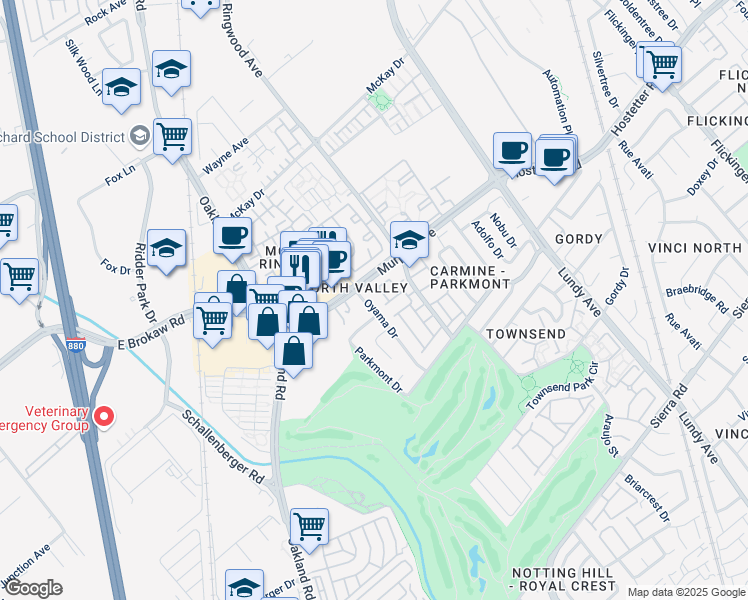 map of restaurants, bars, coffee shops, grocery stores, and more near 1565 Oyama Drive in San Jose