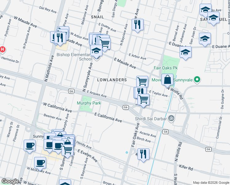 map of restaurants, bars, coffee shops, grocery stores, and more near 346 Morse Avenue in Sunnyvale