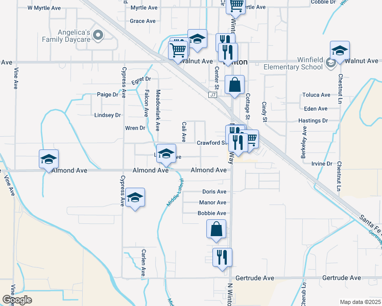 map of restaurants, bars, coffee shops, grocery stores, and more near 7190 Louise Avenue in Winton