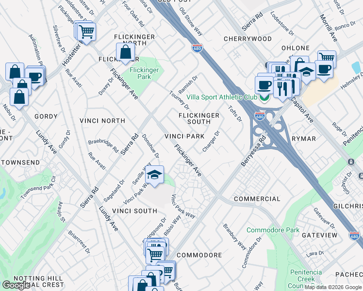 map of restaurants, bars, coffee shops, grocery stores, and more near in San Jose