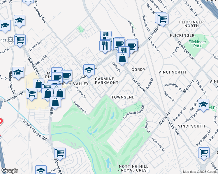 map of restaurants, bars, coffee shops, grocery stores, and more near 1620 Mission Springs Circle in San Jose